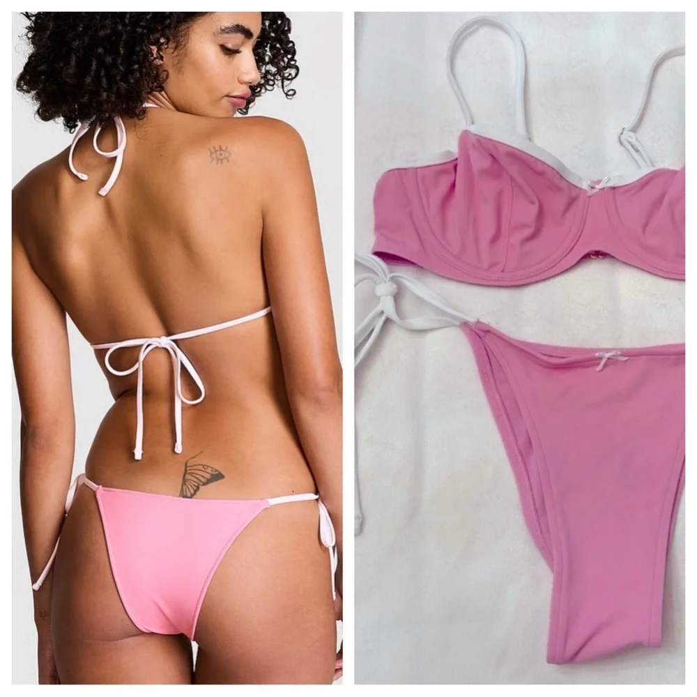 New! Frankie’s Bikinis x PINK Pink and White Bikini Set 3983